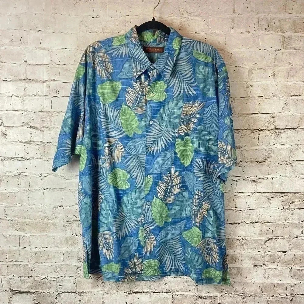 Tori Richard Men's XL Short Sleeve Button Down Shirt Blue Green Palm Leaves